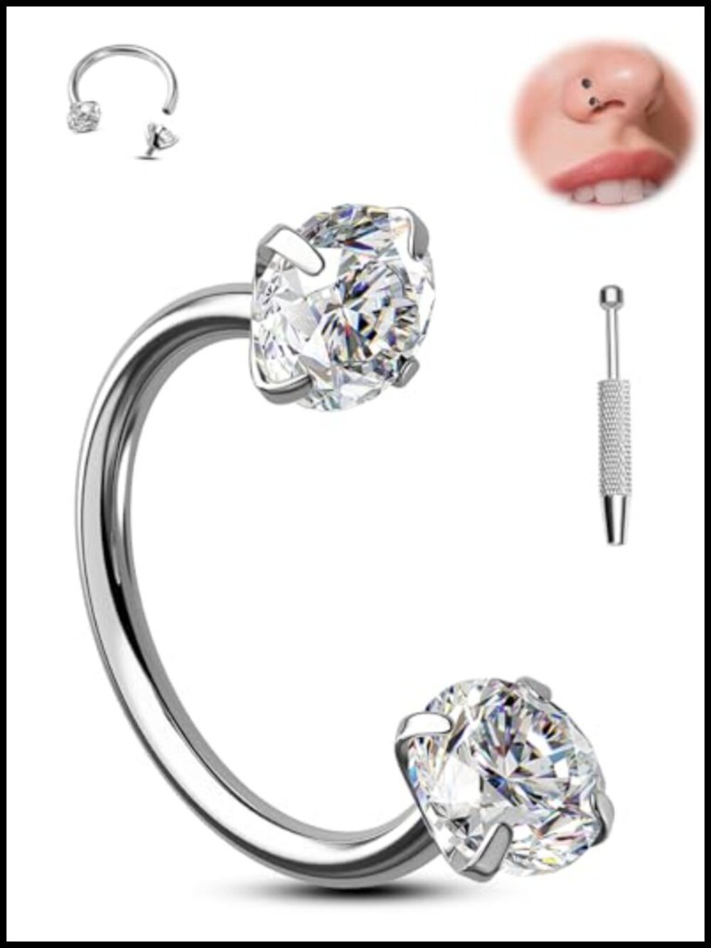 Titanium Horseshoe Nose Ring 18G Double Gem CBR Piercing Jewelry with Free Ball